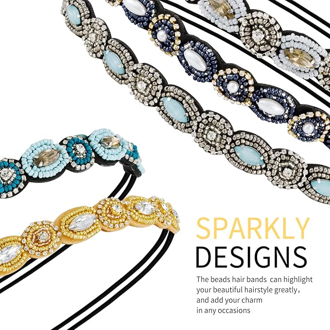 AMCAMI 5Pcs Rhinestone Beaded Headband Crystal Hairbands for Women in 5 Different Patterns - Elastic Headbands for Girls - Vintage Hair Accessories for Party Daily Wear