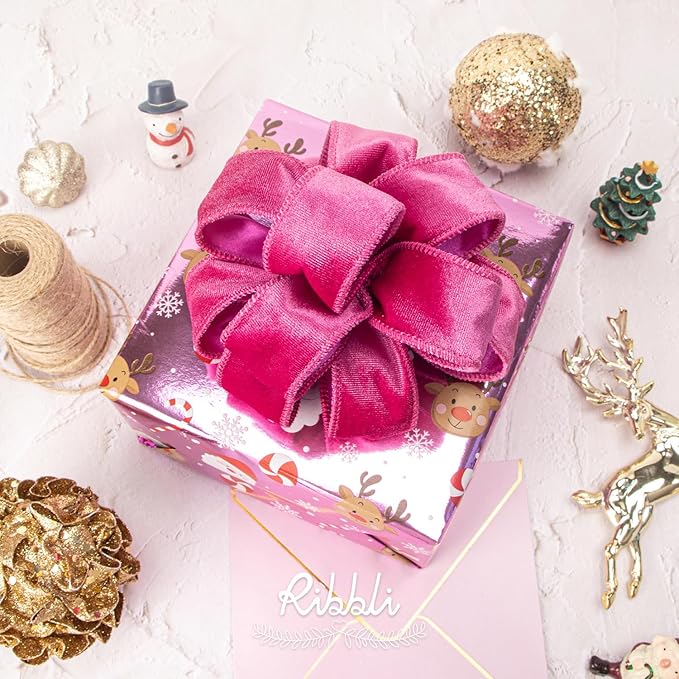 Ribbli Hot Pink Velvet Wired Ribbon 1.5 Inch Velvet with Satin Christmas Ribbon for Gift Wrapping Christmas Tree Decoration Crafts Wreaths Supplies-Continuous 10 Yards
