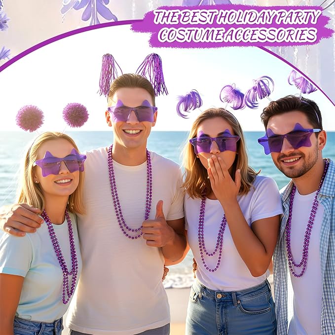 50 Pcs Purple Holiday Team Spirit Party Accessories Pom Pom Party Headbands Star Shape Sunglasses Bead Necklaces Stuff Favors for Birthday Wedding Supplies(Classic)