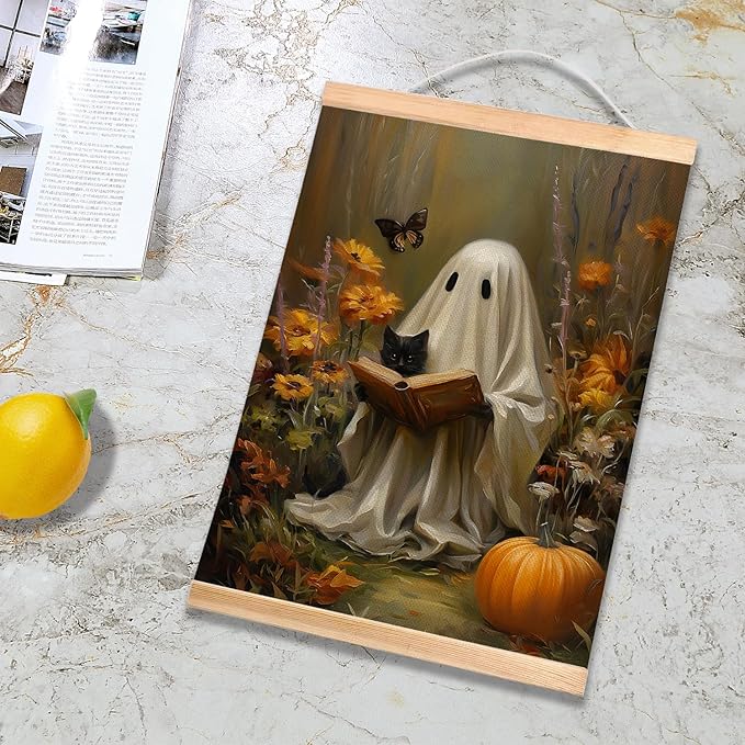 Rustic Ghost and Black Cat Reading Book Wall Art 18.5x14 Inch,Fun Ghost Linen Canvas Wall Hanging Poster Decor, Retro Gothic Haunted House Theme Wall Poster for Library Reading Corner,Halloween Decorations(BLK06)