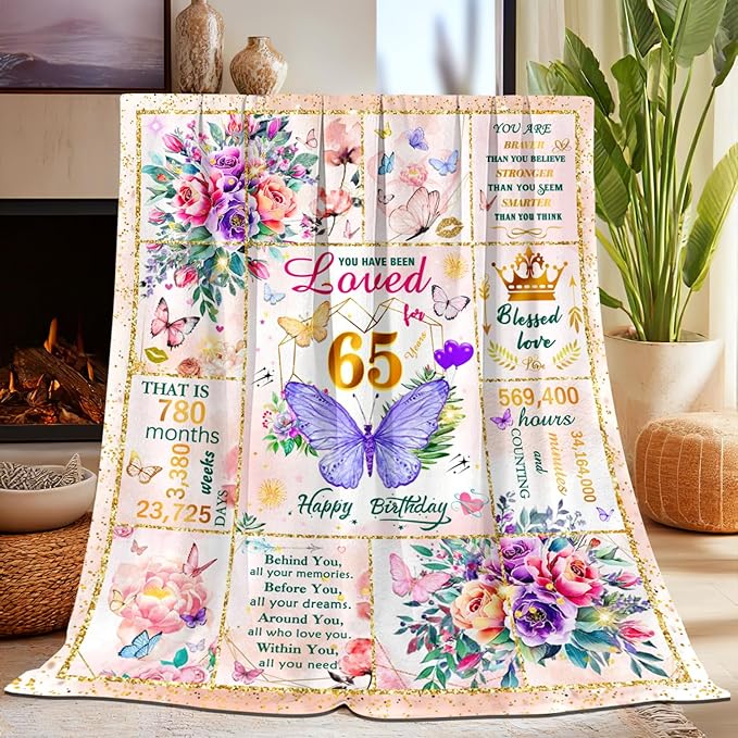 65th Birthday Gifts for Women Blanket, Unique Fun Purple Butterfly Flower Throw Blanket Gift for 65 Birthday, 65 Year Old Birthday Gifts for Women, Super Soft Cozy Warm Plush Flannel Blankets 80"X60"