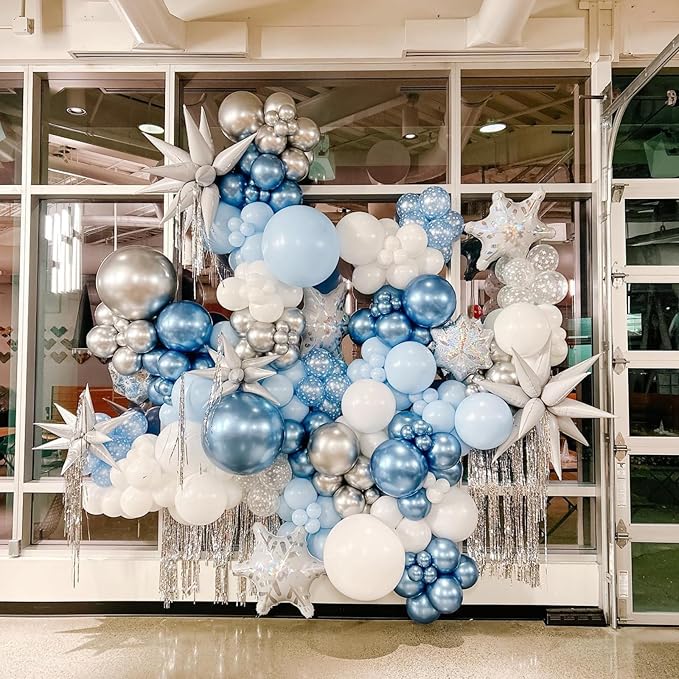 Blue Snowflake Balloons,12 Inch Blue Silver White Clear Balloons with Snowflake and Foil Balloon for Winter Wonderland Holiday Birthday Baby Shower Snow Christmas Party Decorations