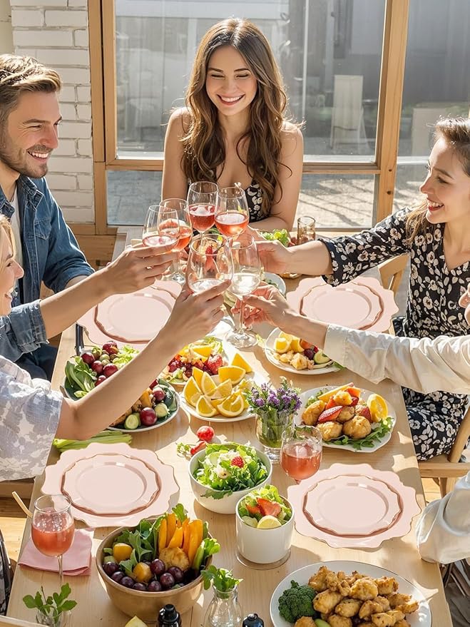 WDF 175Pcs Pink Plastic Plates - Pink and Gold Plates Disposable 25guest Plastic Dinnerware Ideal for Tea Party/Bridal Shower/Wedding/Baby Shower/Fall Pumpkin Baby Shower