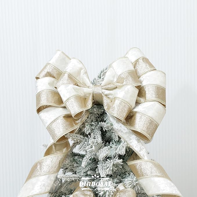 Ivory Velvet Wired Christmas Ribbon 4 Inch Extra Wide Thick Ivory and Gold Glitter Holiday Ribbon – 10-Yards Roll for Tree Decorations, Gift Wrapping, Wreaths, and DIY Crafts