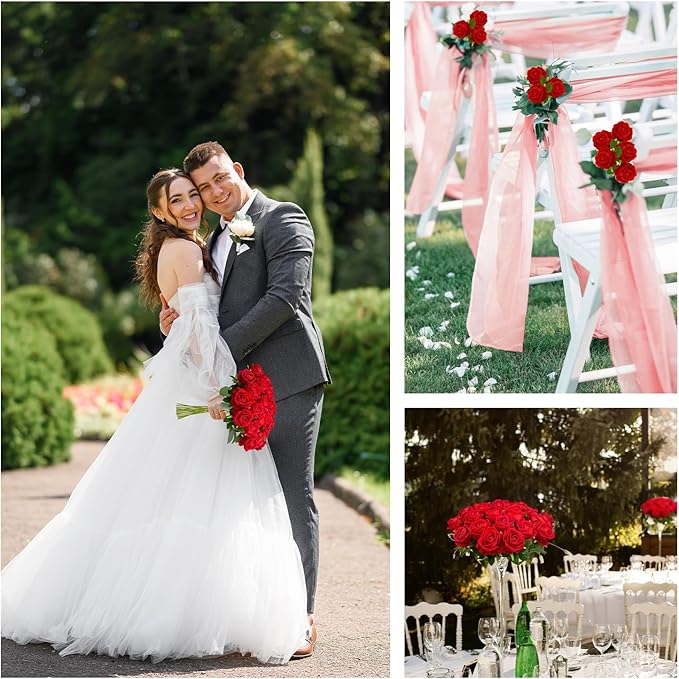 Bulk Artificial Flowers 50 PCS, Fake Velvet Silk Red Roses with Long Stems Realistic Bouquet for Wedding Centerpieces, Faux Arrangement for Home Table Decor