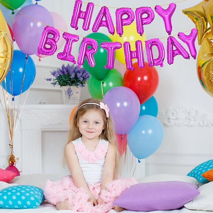LIOZEOKUN Happy Birthday Balloon Letters 16 inch Mylar Foil Birthday Balloons Banner Sign for Birthday Party Decorations Supplies (Hot pink)