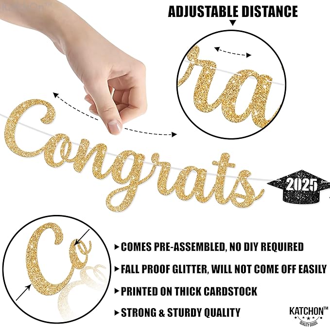 KatchOn, Glitter Gold Congrats Graduation Banner Class of 2025 - No DIY, 10 Feet | Pre - Strung Gold Grad Decorations | Congratulations Banner for Graduation Decorations 2025