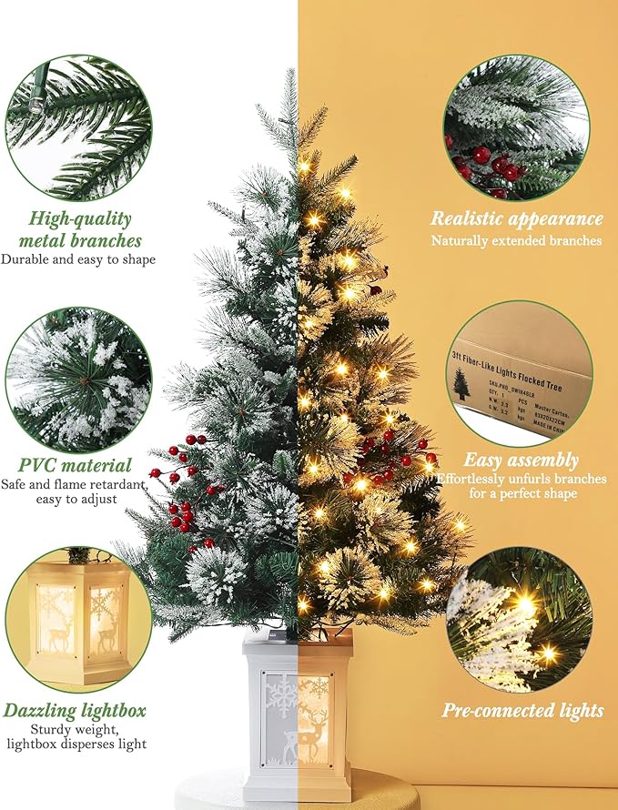 3 ft Mini Christmas Tree with Premium 78 Warm White Led, 8 Mode Xmas Pine Tree for Christmas Decoration, Party Decoration, Home, Office, Snow Flocked White Moose Base 1 Pack