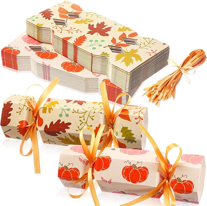 Xinnun 50 Packs Thanksgiving Cracker Kit No Snap Party Table Favors Pumpkin Maple Leaf DIY Thanksgiving Party Cracker Candy Boxes for Holiday Dinner Decoration Gift (Pumpkin Maple Leaf)
