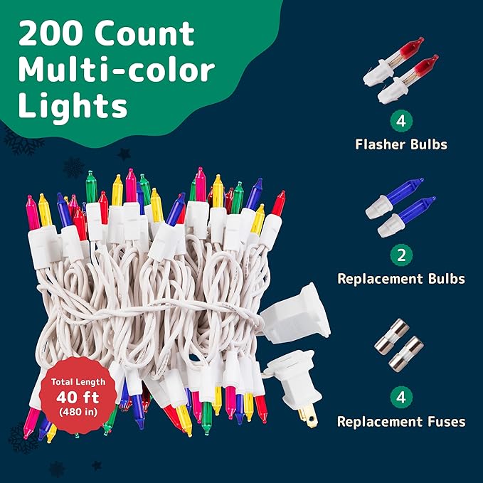 PREXTEX 200 Ct. Multi-Color Christmas Tree Lights with White Wire - 40 Ft Holiday String Lights for Indoor and Outdoor Use - Multicolor Twinkle Christmas Tree Decoration with End-to-End Connectors