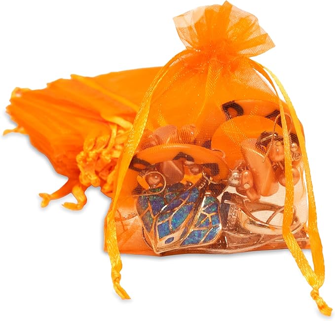 TheDisplayGuys 100-Pack 4x6 Orange Sheer Organza Gift Bags with Drawstring, Goodie Bags for Jewelry, Candy, Treat, Wedding Favors Small Mesh, Halloween, Mother's Day, Father's Day