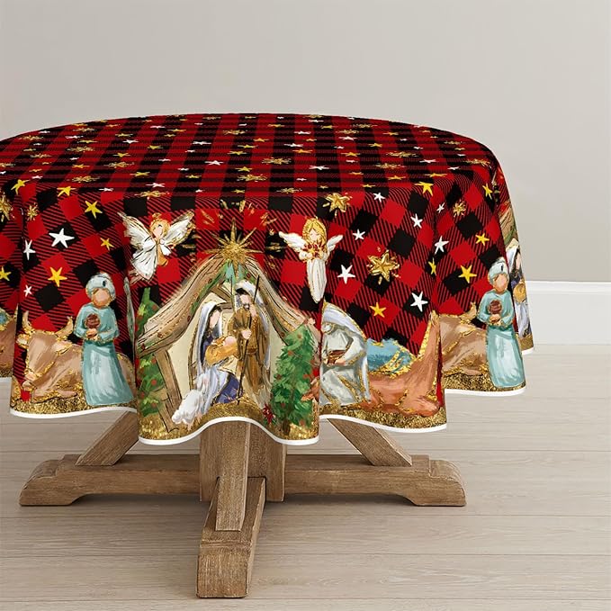 Horaldaily Christmas Tablecloth 70×70 Inch Round, Holy Nativity Red Buffalo Plaid Washable Table Cover for Party Picnic Dinner Decor