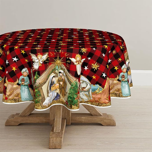 Horaldaily Christmas Tablecloth 60×60 Inch Round, Holy Nativity Red Buffalo Plaid Washable Table Cover for Party Picnic Dinner Decor