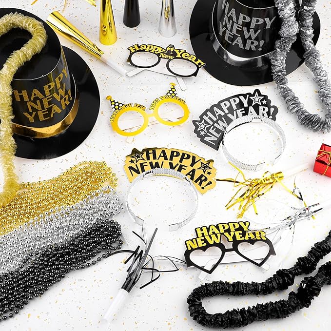 Fovths 132 Pieces 2026 New Years Eve Party Supplies Includes Glasses Top Hats Headband Noisemakers Horns Bead Necklaces Plastic Leis New Year Party Favors for Celebration Decoration Gift
