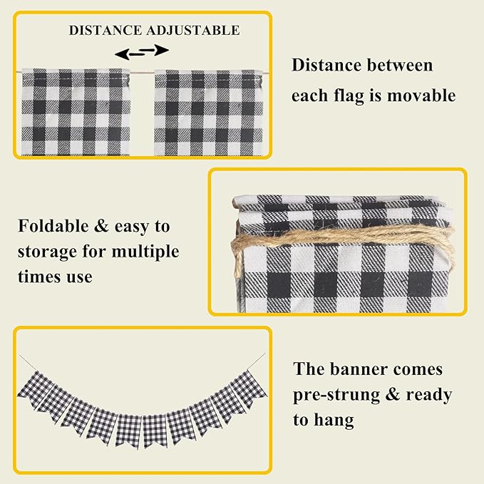 Buffalo Check Plaid Banner for Christmas Mantel Fireplace Decorations – Black and White Gingham Bunting Garland Baby Shower Birthday Party Supplies