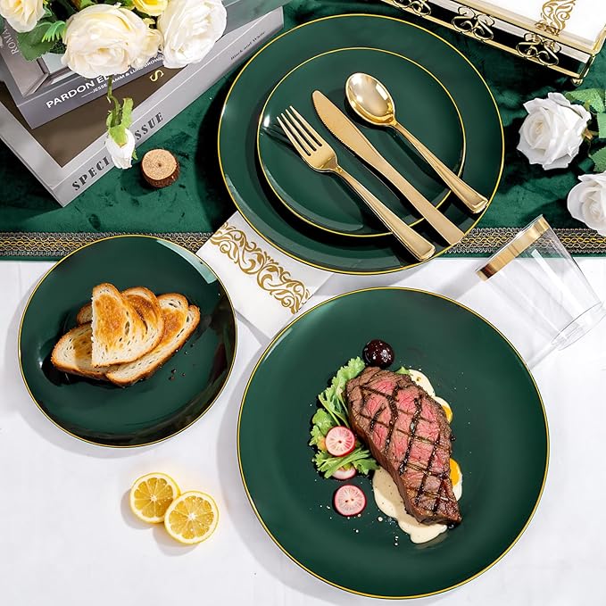 YOUBET 175PCS Green Plastic Plates - Green and Gold Disposable Plates Include 50 Plate, 75 Silverware, 25 Cups, 25 Napkins for Wedding & Party & Christmas