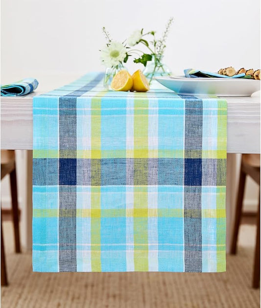 Solino Home Blue Linen Table Runner 48 inch - 100% Pure Linen Summer Madras Plaid Table Runner 14 x 48 Inch - Handcrafted and Machine Washable