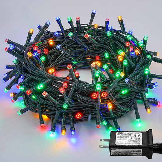 YEGUO 66ft 200 LED Christmas Light Outdoor Waterproof, 8 Modes String Lights Multicolor, Green Wire Twinkle Tree Light Plug in with Timer Memory