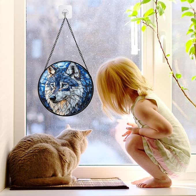 Stained Glass Window Hanging - Funny Wolf Suncatcher Ready to Hang Window Doors Home Decoration and Christmas, Mother's Day Birthday Gifts for Women, Men, and Mom 6.3x6.3 in