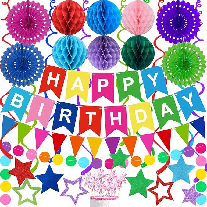 Birthday Decorations Colorful Happy Birthday Banner Paper Fans Honeycomb Balls Hanging Swirl Stars Triangles Dots Garland Cupcake Toppers Party Decorations for Women Men