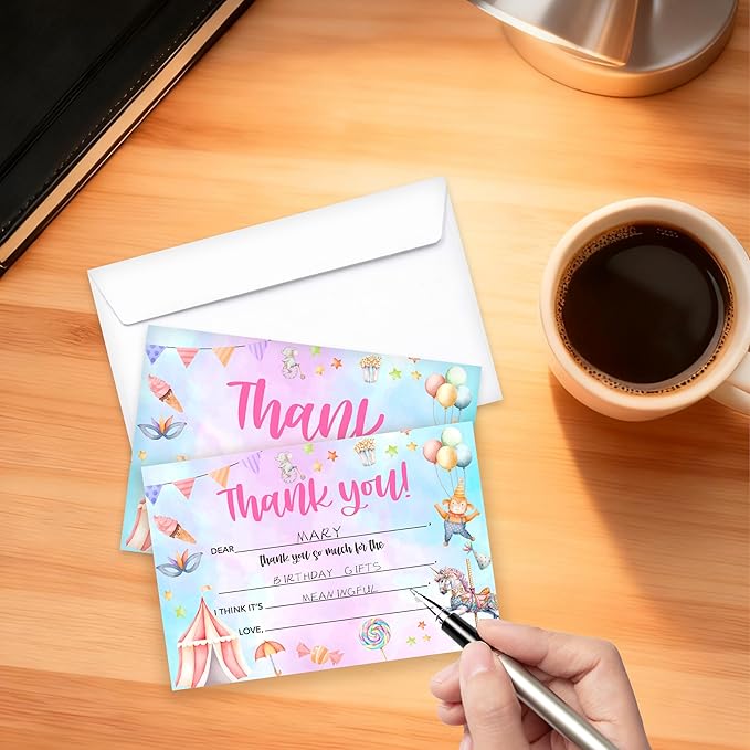 Kids Thank You Card, Carnival Theme Thank You Notes, Circus Greeting Card With Envelope, Birthday Wedding Graduation Christmas Party Favors Supplies Decor(20 Pcs)-02