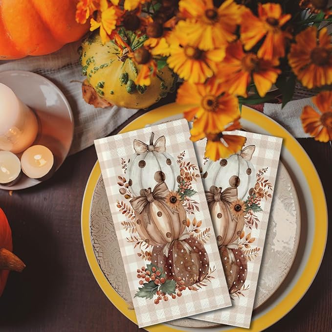 100 Pcs Thanksgiving Napkins Disposable Fall Paper Napkins for Autumn Harvest Brown Pumpkins and Buffalo Plaid Paper Hand Towels for Bathroom Kitchen Halloween Party