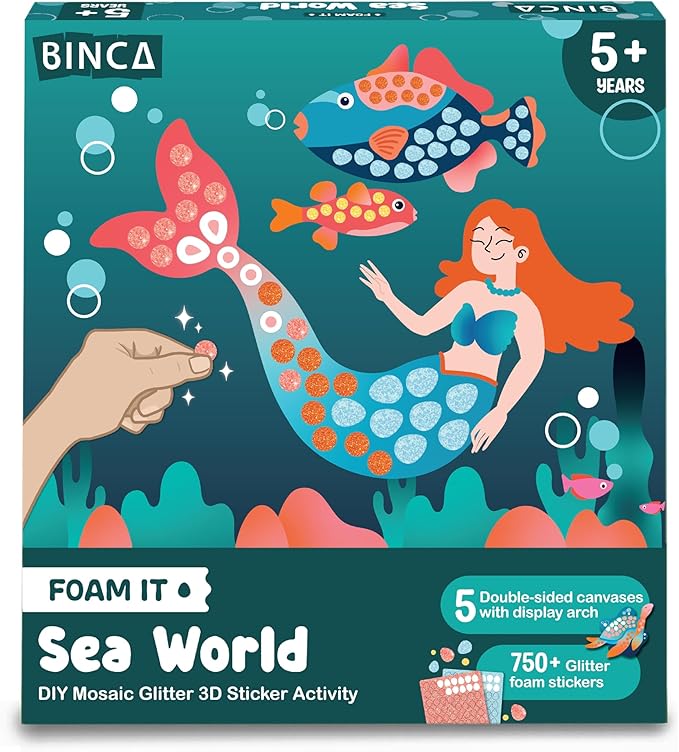 BINCA Foam Sticker Mosaic Art Activity, 750+ 3D Glitter Foam Stickers, 5 Underwater Animals with Display Arch, Christmas Stocking Stuffers, DIY Mess-Free Activity, Gifts for Boys & Girls Ages 5,6,7,8