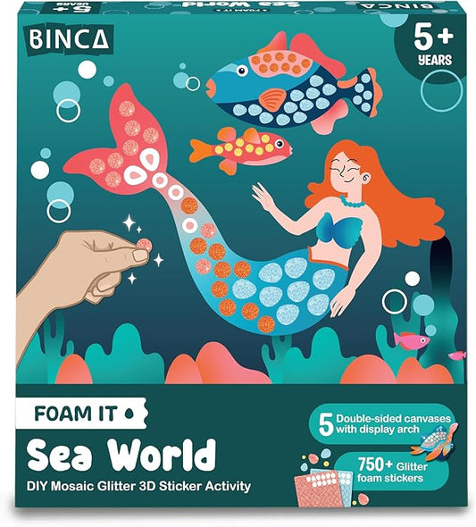 BINCA Foam Sticker Mosaic Art Activity, 750+ 3D Glitter Foam Stickers, 5 Underwater Animals with Display Arch, Christmas Stocking Stuffers, DIY Mess-Free Activity, Gifts for Boys & Girls Ages 5,6,7,8
