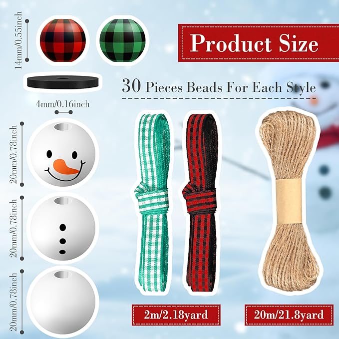 Landical 180 Piece DIY Christmas Snowman Wooden Bead Crafts Christmas DIY Ornaments Buffalo Plaid Wood Round Bead Xmas Print Wooden Beads with Twine Scarf for Crafts(Cute Color)