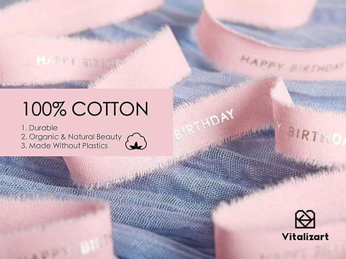 Vitalizart Happy Birthday Cotton Ribbon 5/8 Inch Natural Handmade Frayed Fringe Ribbons 15 Yd for Birthday Gift Wrapping Crafts Flower Bouquets Decor