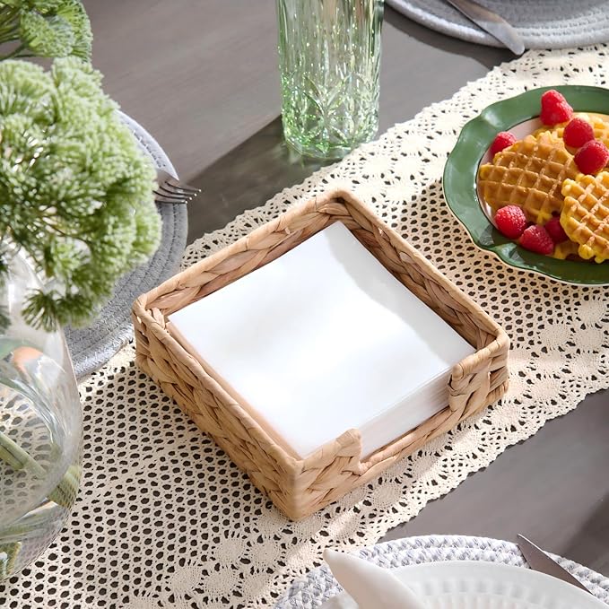 Water Hyacinth Napkin Holder for Table, Rattan Napkin Holder, Square Wicker Napkin Towel Holder for Bathroom, Kitchen, Restaurant, Decorative Tabletop Accessory, 7.5" x 7.5" x 2.5"