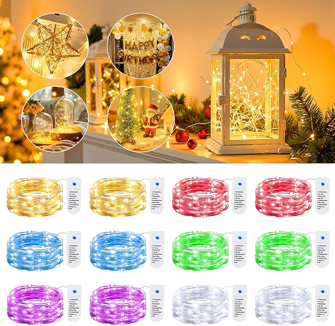 Minetom 12 Pack Fairy Lights Battery Operated String Lights, 8 Modes & Timer, 7ft 20LED 6 Colors Waterproof Silver Wire Twinkle Lights, Firefly Starry Moon Lights for Mason Jars DIY Christmas Wedding