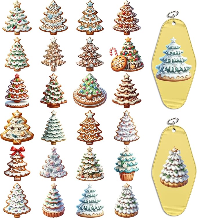 UV DTF Keychain Sticker,48 Sheets Gingerbread Christmas Tree Personalized Transfer Stickers, Suitable for School Teacher, Hotel Keychains