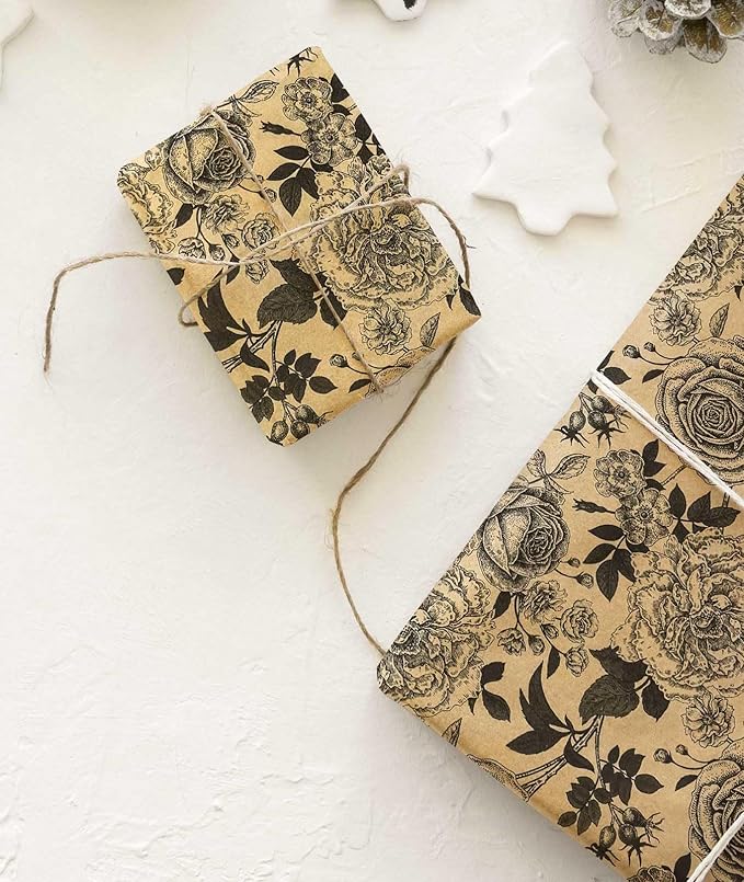 YXTII Floral Wrapping Paper, Brown Wrapping Paper, Vintage Black Floral Design with Cut Lines for Upscale Gifts, Birthday, Bridal Shower, Wedding, Mother’s Day, Valentine's Day, 17 In x 33 Feet
