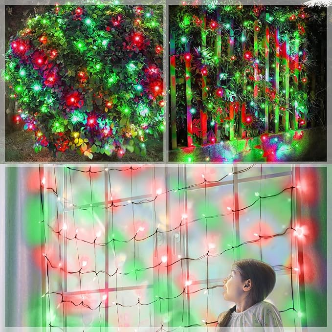 120Led Christmas Net Lights Outdoor 5ft x 6ft, Connectable 8 Modes Waterproof 29V Plug in Black Wire, Mesh Net Christmas Lights for Bushes Shrubs Yard Trunk Xmas Tree Christmas Decorations (Red&Green)