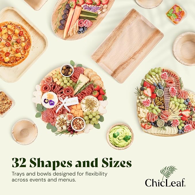 Chic Leaf All Natural Compostable & Disposable Rectangular 13" x 9" Palm Leaf Serving Tray for Events, Thanksgiving, Charcuterie Board, Catering & Weddings - Disposable Plates Party Supplies (10 pc)
