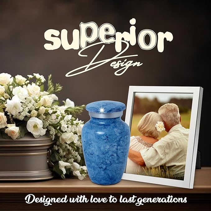 Small Keepsake Urn for Human or Pet Ashes – Handcrafted Light Blue Marble Mini Urn with Velvet Bag & Gift Box | Durable Metal Memorial Token Jar for Baby, Infant, Pet or Loved One – 3 Cu in