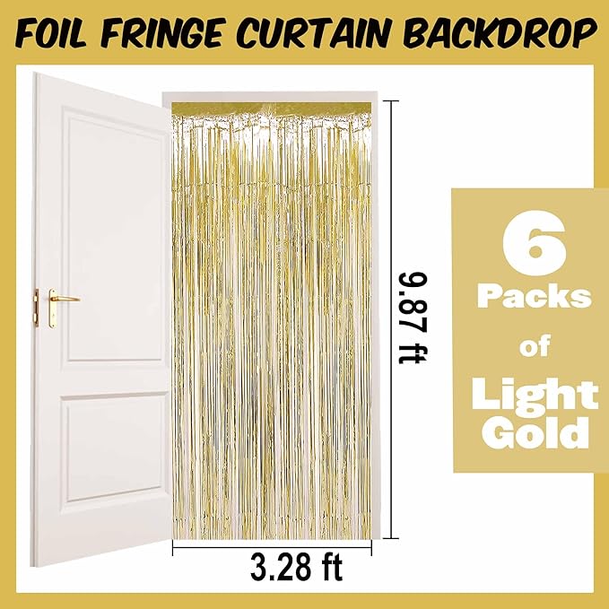 6 Pack Light Gold Foil Fringe Curtains Backdrop, 3.28 x 9.8 Ft Metallic Streamers Tinsel Curtains Background for Photo Booth, Birthday, Halloween, Christmas, Thanksgiving, New Year Party Decorations