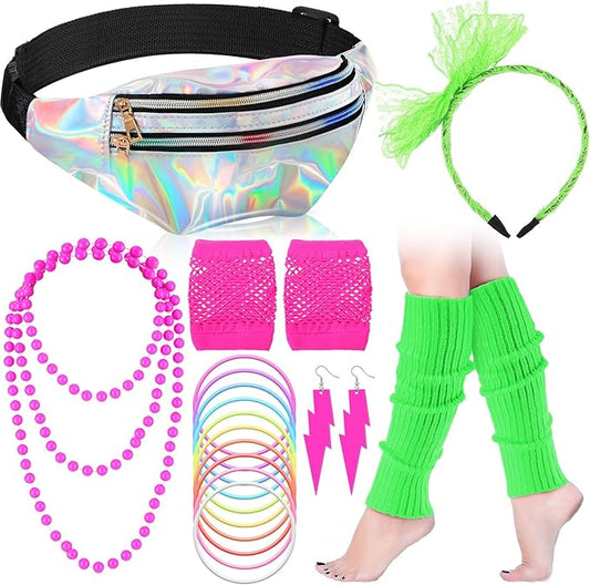 Handepo 19 Pcs 80s Costume Accessories Holographic Fanny Pack Leg Warmers Lace Headband Earrings Gloves Necklace Bracelet