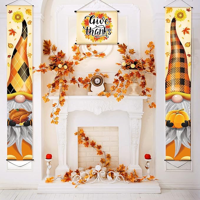 Breling 3 Pieces Fall Thanksgiving Porch Banner Sign Welcome Gnome Pumpkin Turkey Door Banner Thanksgiving Hanging Decoration 12x71 Inch for Home Front Door Harvest Outdoor Yard Party Supplies