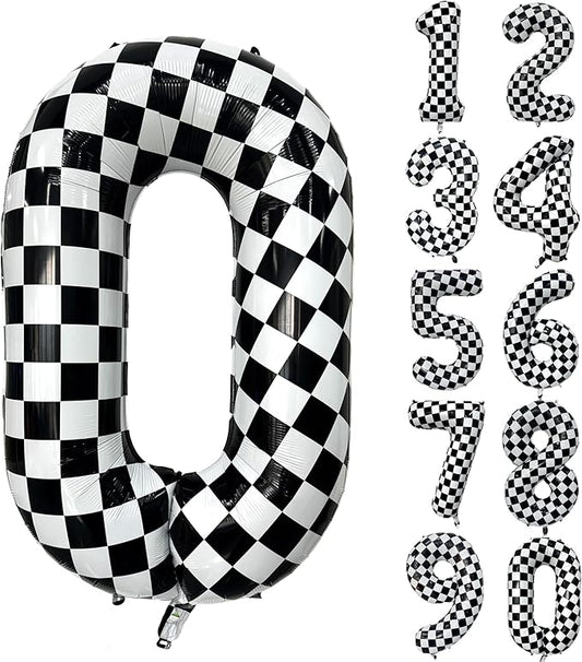 Checkered Balloon 0 Black and White Number Balloon 0 Foil Helium Balloons for Birthday Party Decoration Girls Boys Baby Shower Anniversary Decoration Race Car Party Decoration (Number 0)