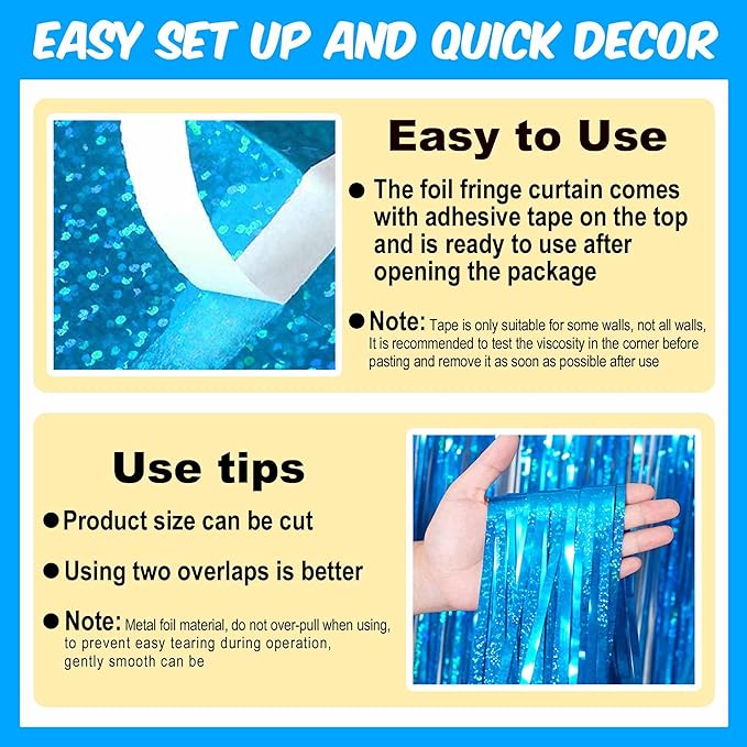 6 Pack Lake Blue Foil Fringe Curtains Backdrop, 3.28 x 8.2 Ft Metallic Streamers Tinsel Curtains Background for Photo Booth, Birthday, Christmas, Halloween, Thanksgiving, New Year Party Decorations