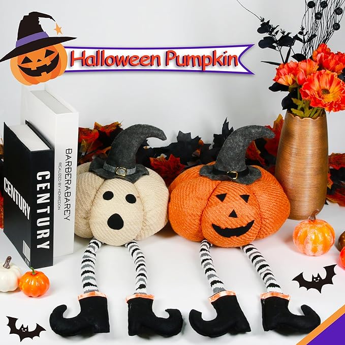 Ogrmar 2 Pcs Halloween Decorations - 23" Stuffed Plushie Pumpkin Doll with Witch Hat and Black Boots for Home Party Table Decor
