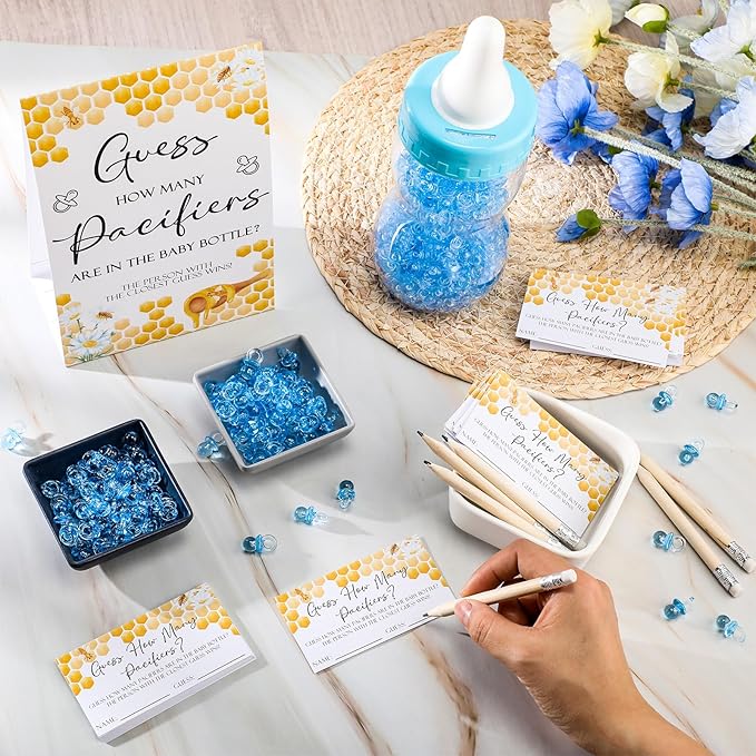 Roowest 512 Pcs Baby Shower Games Guess How Many Pacifiers Sign 100 Small Guessing Games 10 HB Pencils 750ml Milk Bottle 400 Acrylic Pacifiers Decoration for Guest Gender Reveal(Blue,Bee)
