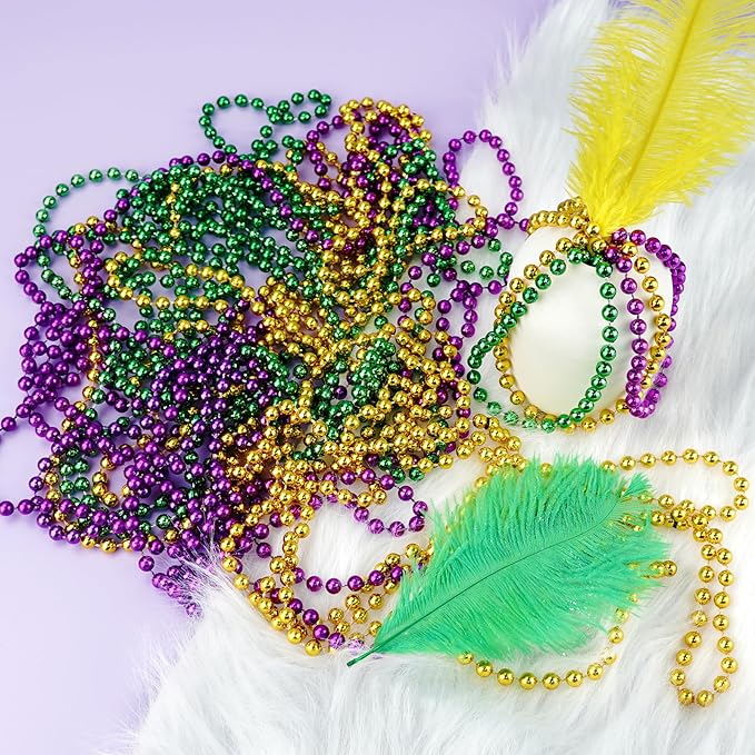 SHAOQINLIN Mardi Gras Beads, 24Pcs Mardi Gras Beads Necklaces 33'' 7 mm Metallic Gold Green Purple Bead Necklaces Mardi Gras Decorations for Mardi Gras, Christmas, Party Favors