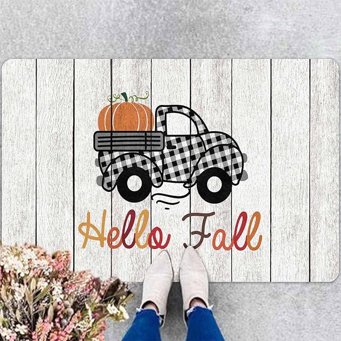 Fall Door Mat Fall Welcome Mat for Front Door, Autumn Pumpkins with Truck Black and White Buffalo Plaid Seasonal Non Slip Doormat for Entrance Entryway Outside