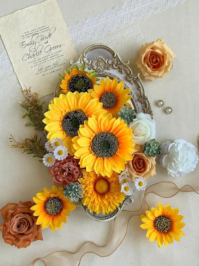 Sunflower Artificial Flowers Yellow Fake Flower Bouquet Box Set for DIY Bridal Wedding Shower Decorations Party Table Centerpieces Cake Decorating Silk Floral Arrangement for Home Decor Indoor