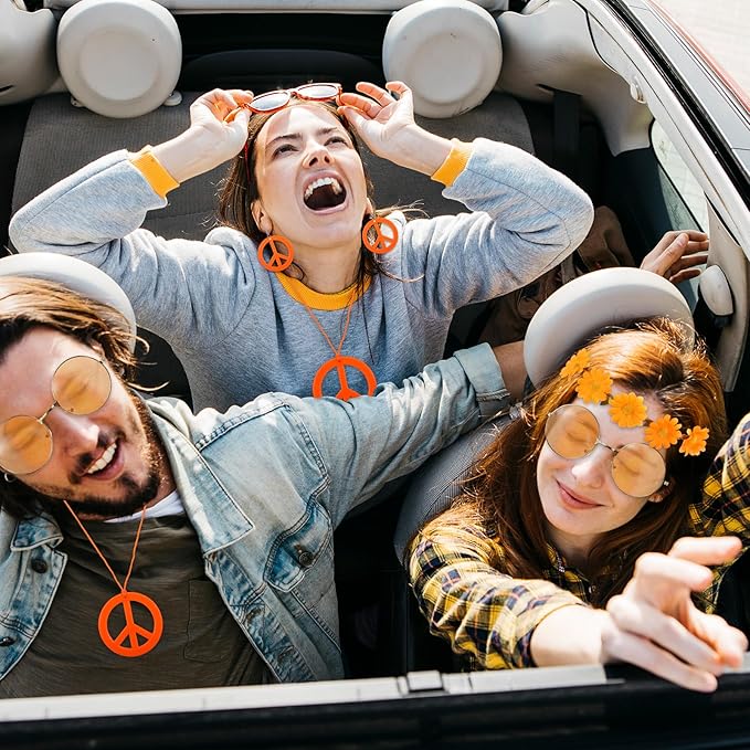 6Pcs Hippie Costume Accessories Set, Boho Peace Sign Daisy Flower Round Hippie Sunglasses and Peace Sign Necklaces and Earrings 60s 70s Party Favors Decoration for Halloween and Christmas Girls Women