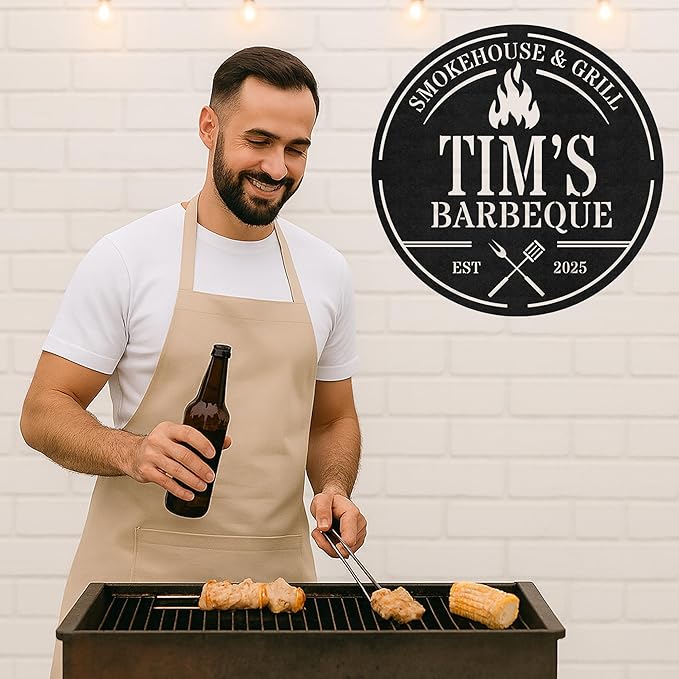 Custom BBQ Grill Metal Sign Personalized Name Wall Art for Outdoor Barbecue Patio Kitchen Backyard Decor Gift for Dad Husband Men Papa Grandpa Father Grilling Enthusiasts Family Lover Funny Gifts 64