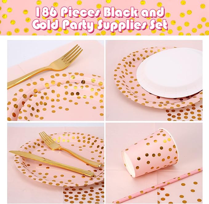 Sylken 186 Pieces pink and Gold Party Tableware Set - 25 Guests Paper Plates, Napkins, Paper Cups, and Tableware for Wedding Shower, graduations, cocktail parties , Birthday etc.